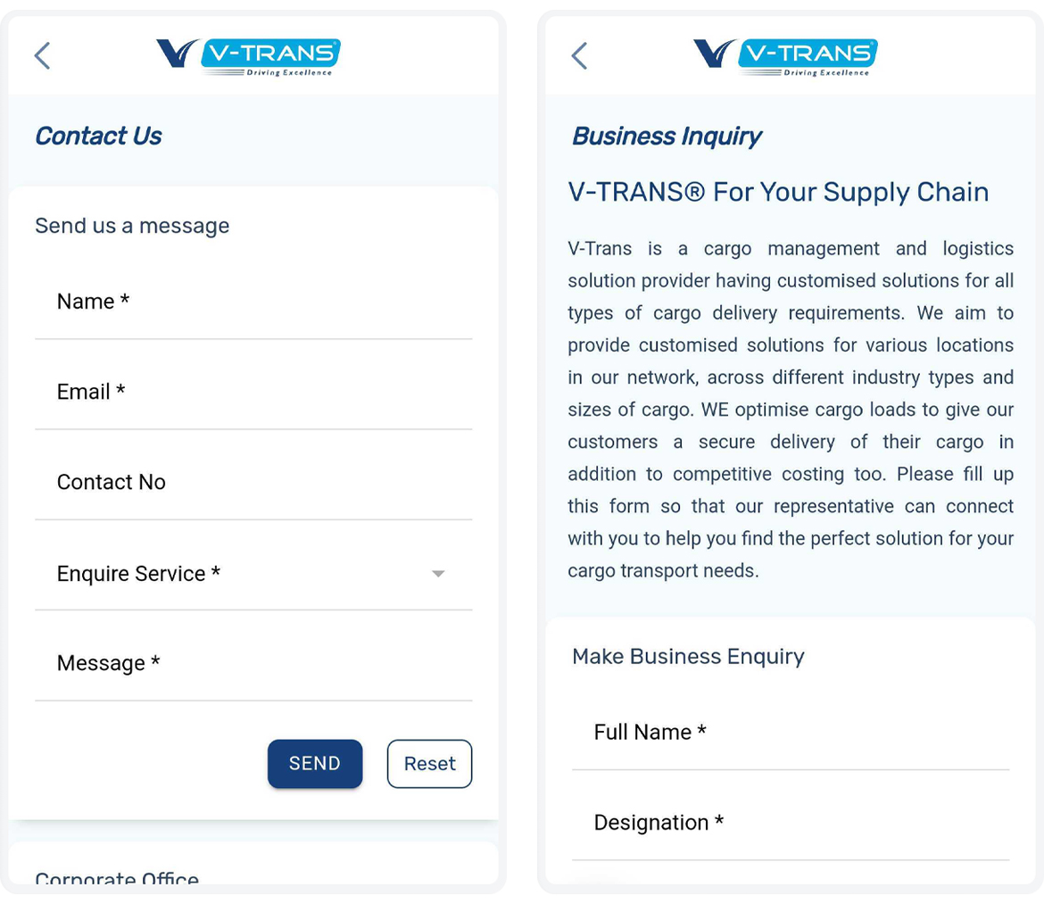 V-Trans App Contact Us and Business Inquiry Screen