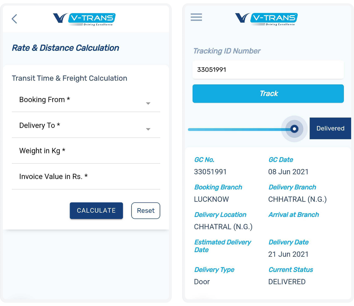 V-Trans App Rate and Distance Calculation and Tracking Id Number Screen