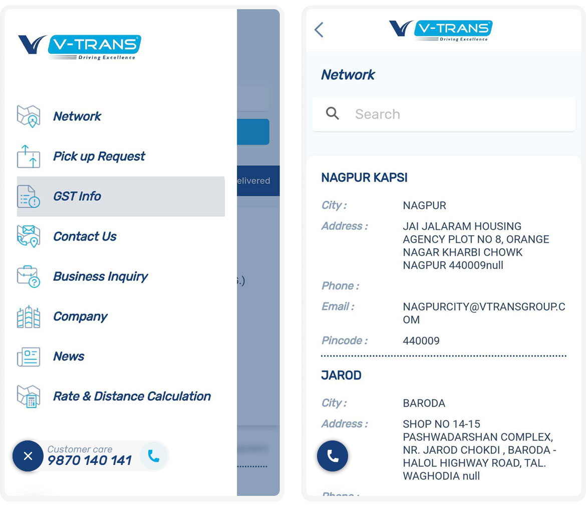 V-Trans App Sidebar and Network Screen